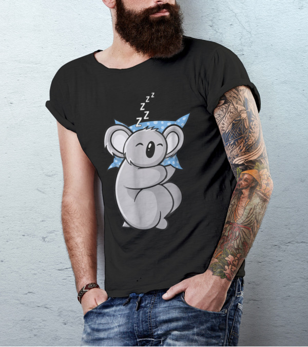 Cute Koala Bear Lazy Sleeping Animal With Blue Polka Dot Pillow T-Shirt