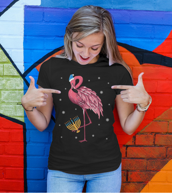Cute Menorah Flamingo Hanukkah Chanukah With Snowflakes T-Shirt