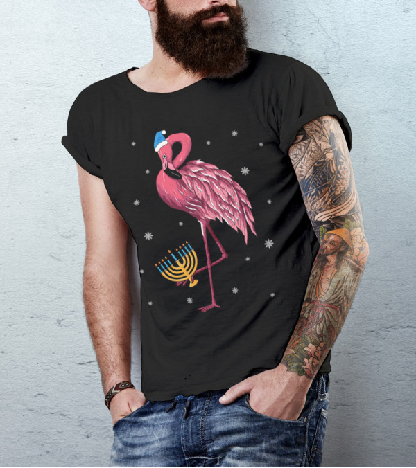 Cute Menorah Flamingo Hanukkah Chanukah With Snowflakes T-Shirt