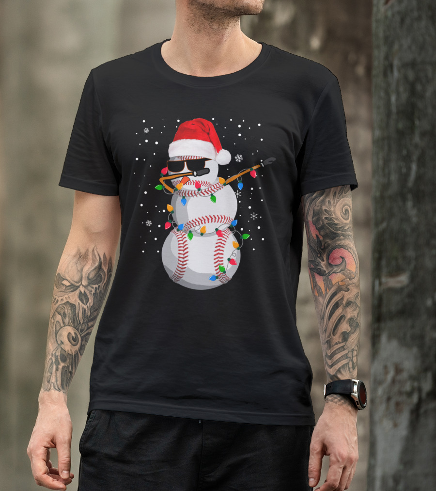 Dabbing Snowman Baseball Christmas Lights Santa Hat Sunglasses T-Shirt