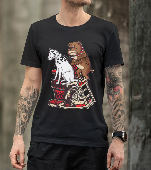 Dalmatian And Tattoo Artist Bulldog On Barber Chair T-Shirt