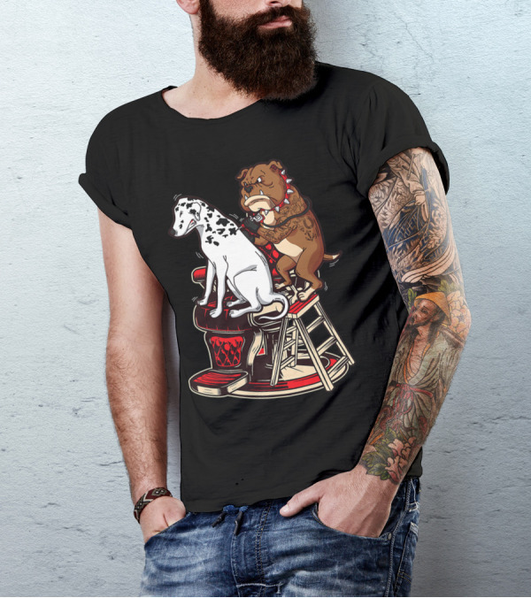 Dalmatian And Tattoo Artist Bulldog On Barber Chair T-Shirt