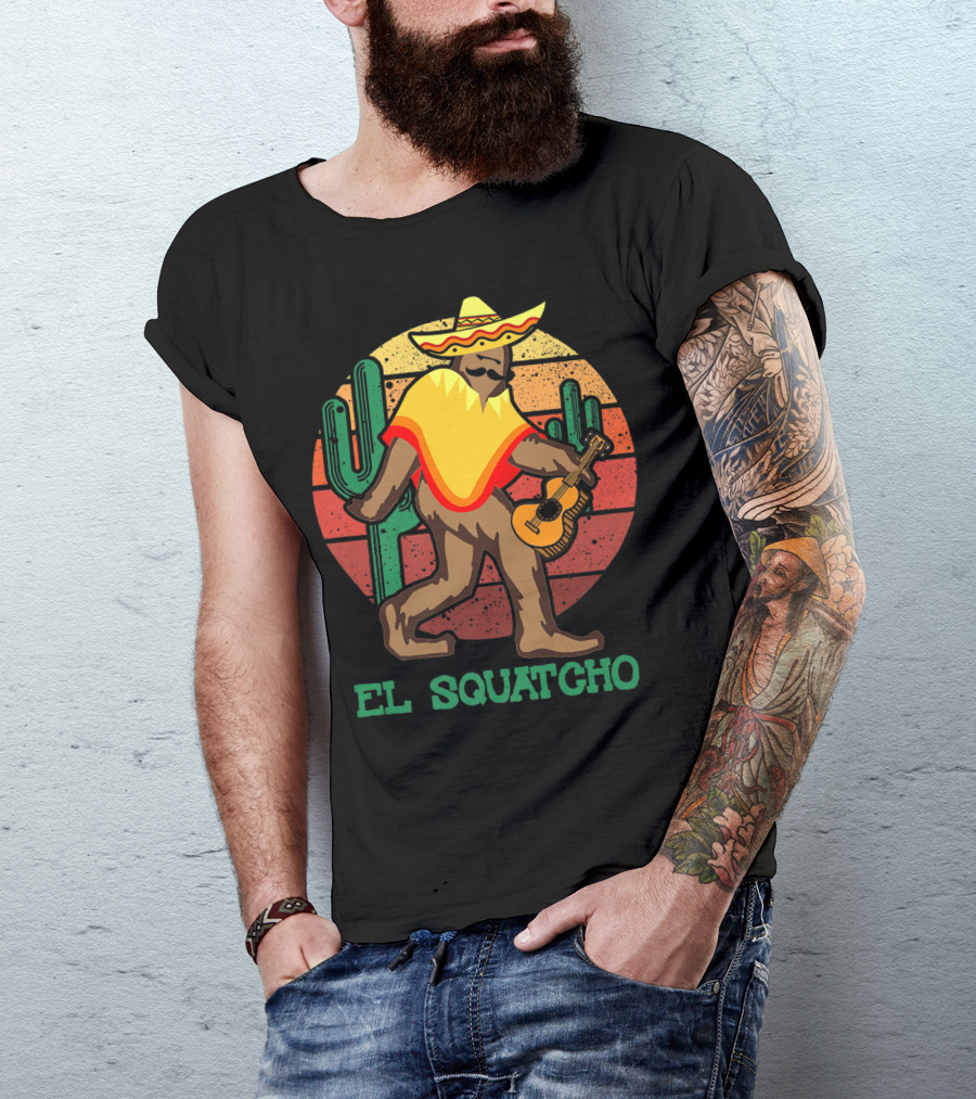 El Squatcho Mexican Sasquatch Bigfoot Cinco De Mayo Cactus Sunset Sombrero Guitar T-Shirt