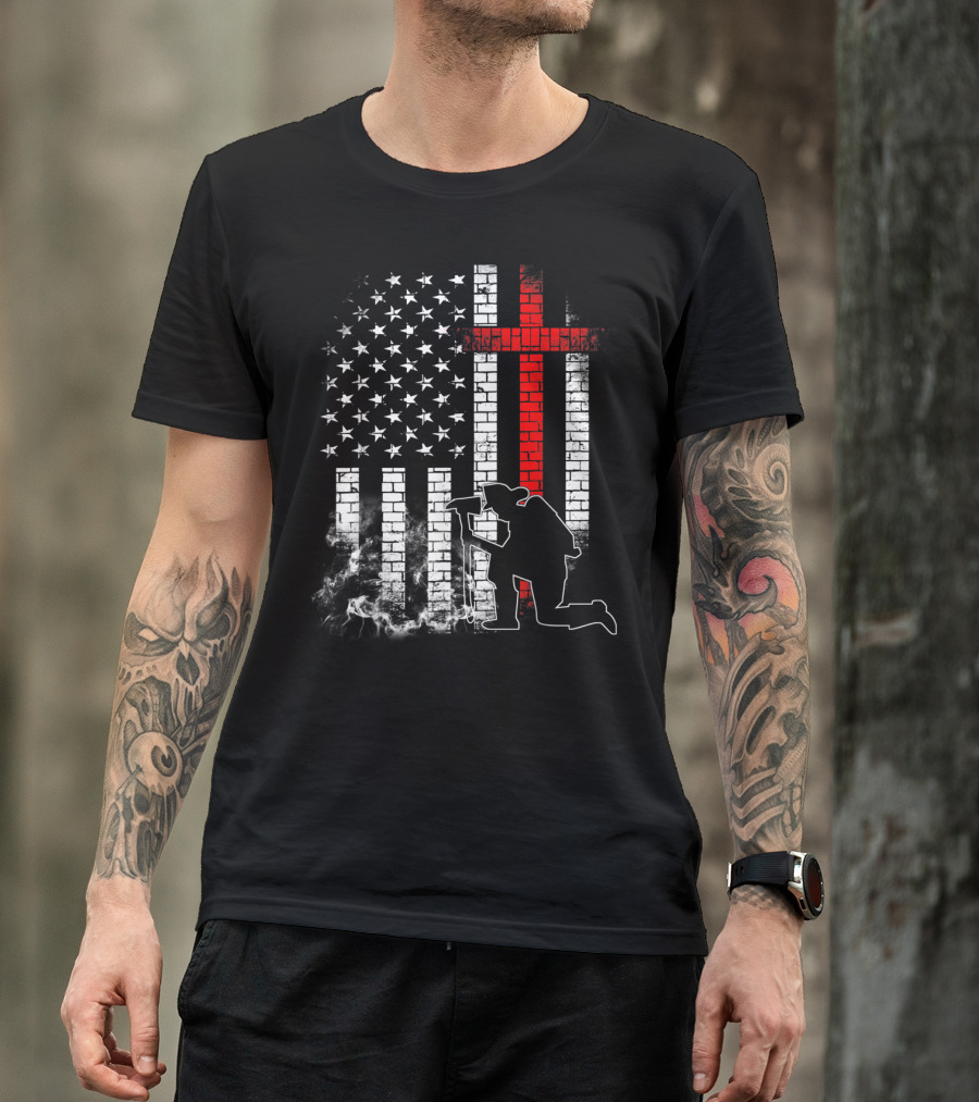 Fireman Kneeling With Axe Over American Flag And Thin Red Line Cross T-Shirt