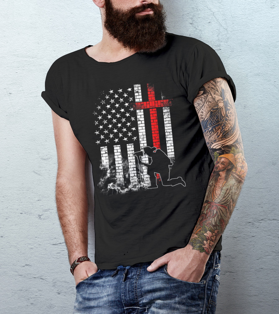 Fireman Kneeling With Axe Over American Flag And Thin Red Line Cross T-Shirt