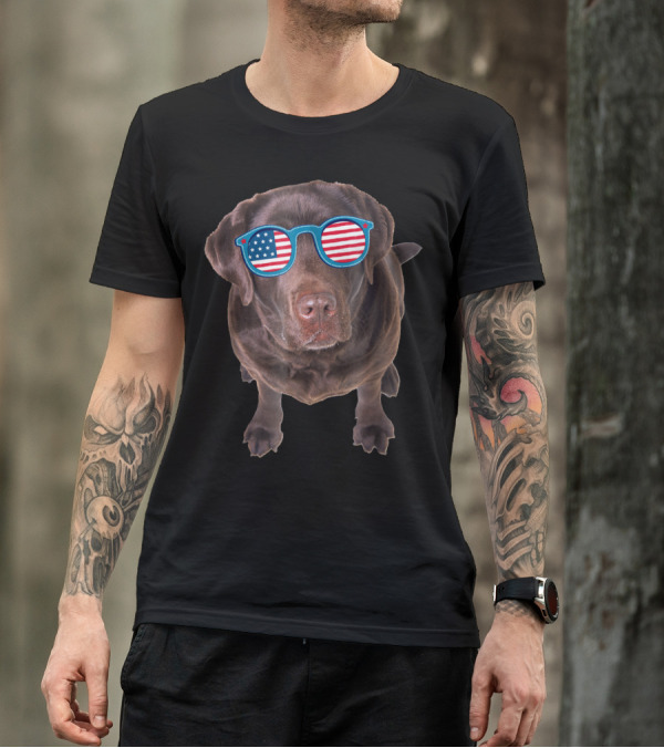 Funny Chocolate Lab Wearing American Flag Sunglasses T-Shirt