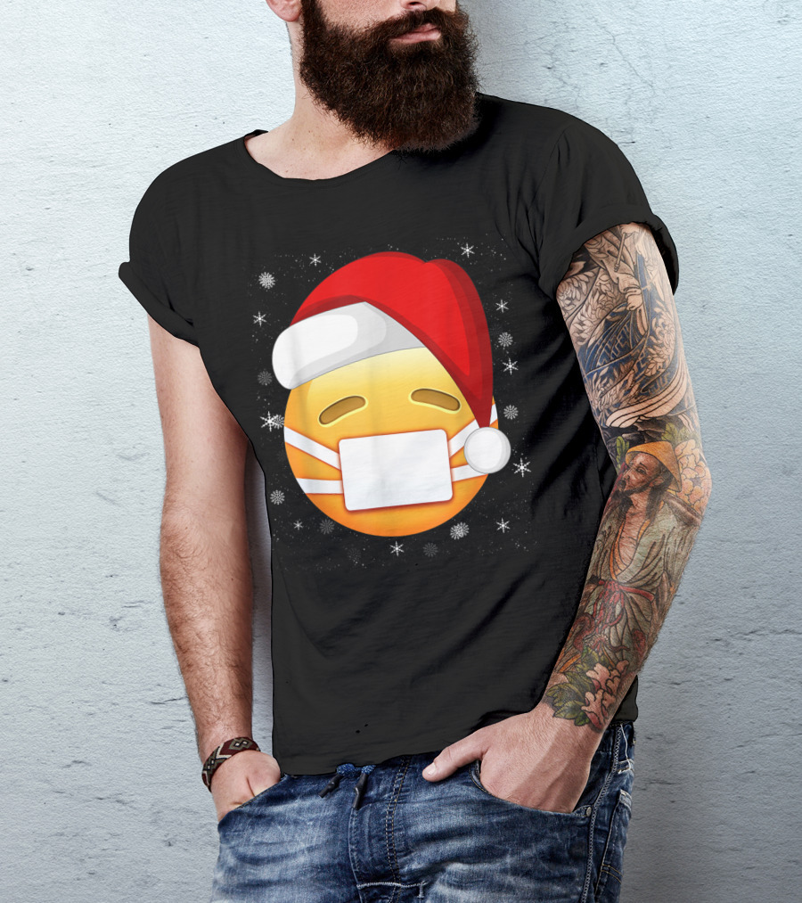 Funny Face With Medical Mask Emojis Santa Hat Snowflakes T-Shirt