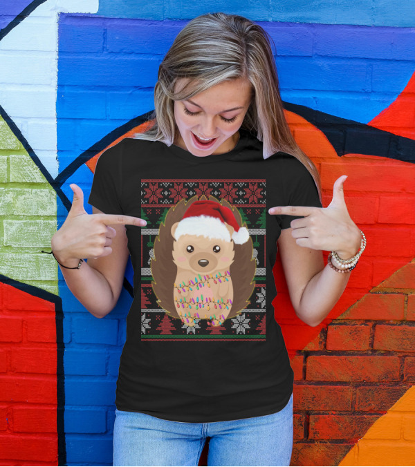 Funny Christmas Hedgehog Ugly Sweater Lights T-Shirt