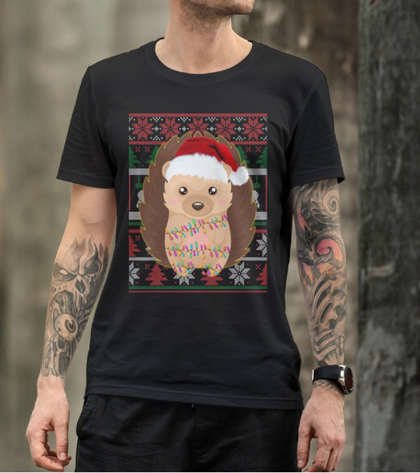 Funny Christmas Hedgehog Ugly Sweater Lights T-Shirt