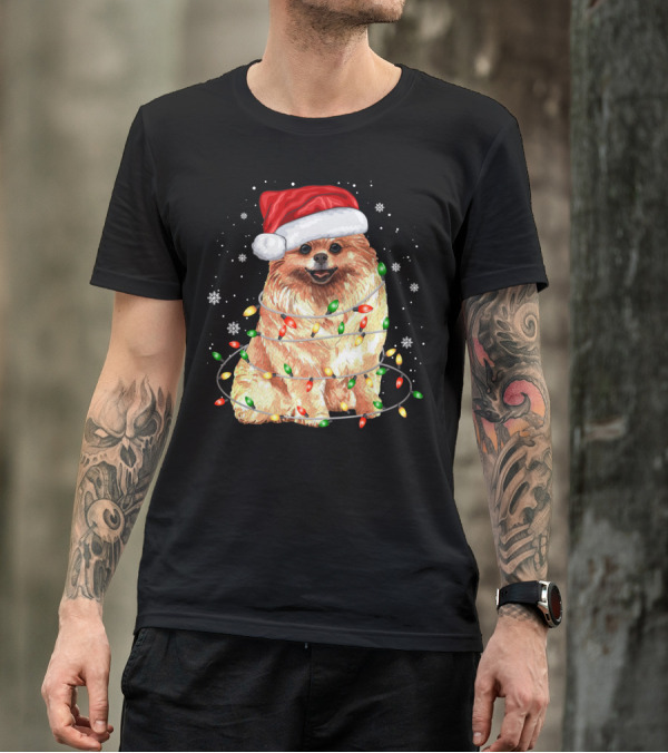 Pomeranian In Santa Hat With Christmas Lights And Snowflakes T-Shirt
