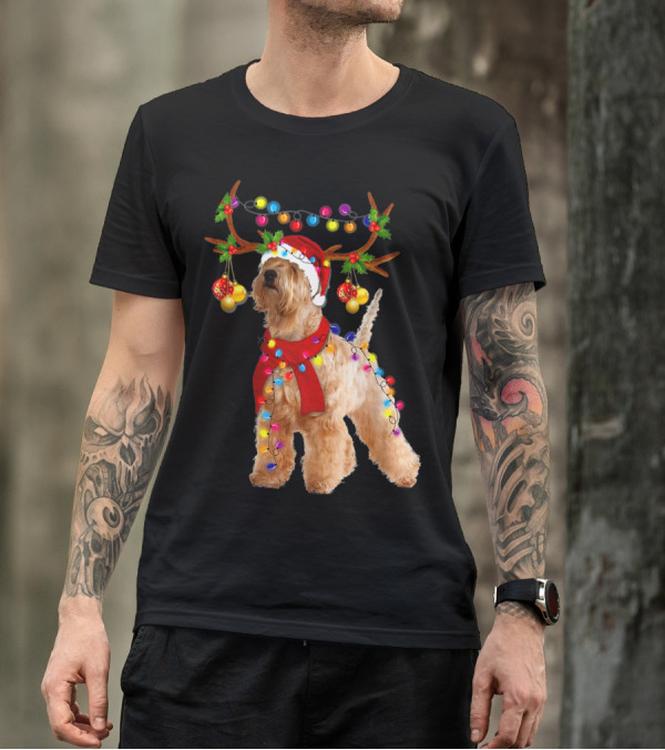 Wheaten Terrier Santa Reindeer With Festive Christmas Lights T-Shirt