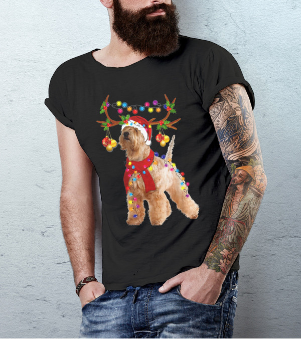 Wheaten Terrier Santa Reindeer With Festive Christmas Lights T-Shirt