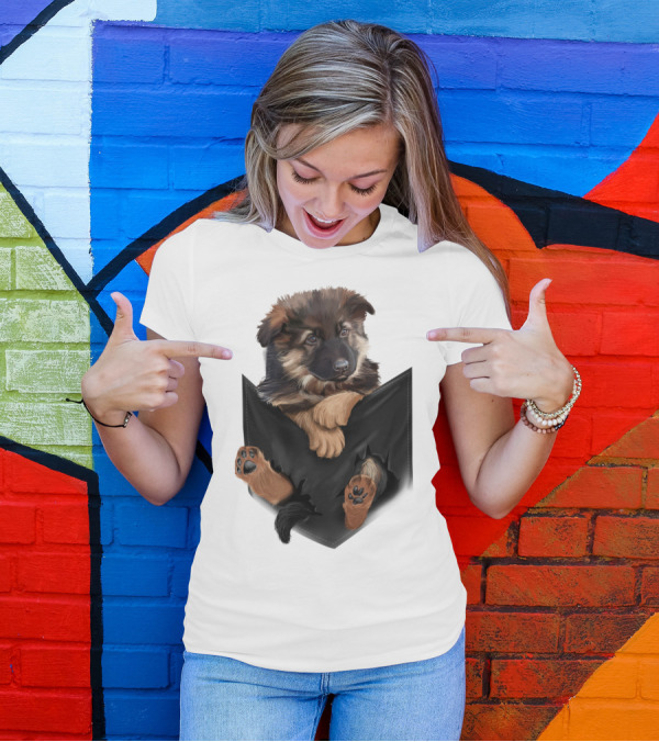 German Shepherd Puppy In Black Pocket T-Shirt