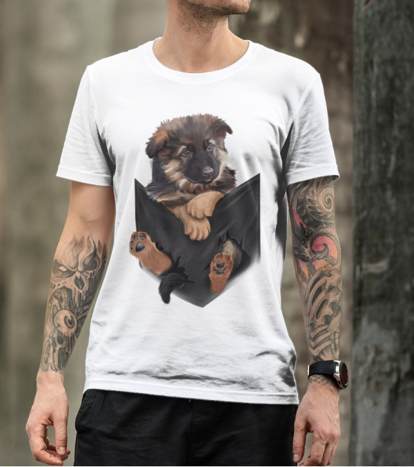 German Shepherd Puppy In Black Pocket T-Shirt