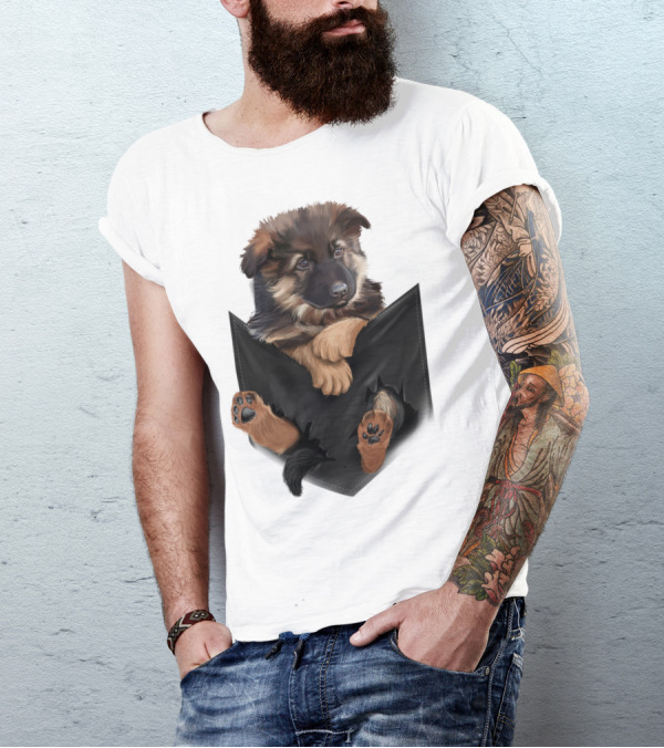 German Shepherd Puppy In Black Pocket T-Shirt
