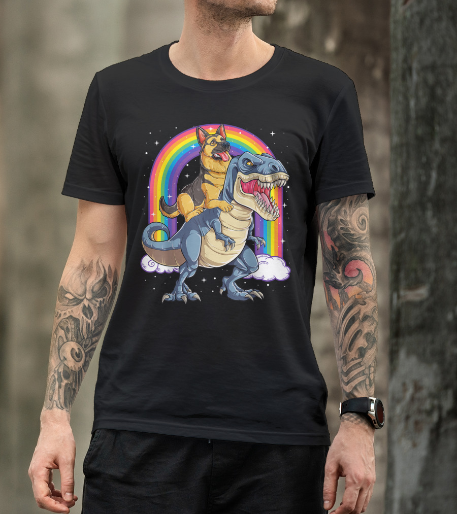 German Shepherd Riding Dinosaur Rex With Rainbow And Stars T-Shirt
