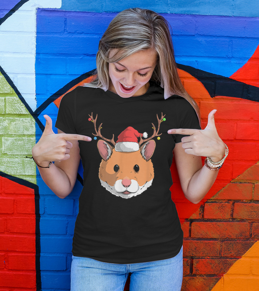 Hamster With Santa Claus Hat And Reindeer Antlers Christmas Holiday T-Shirt
