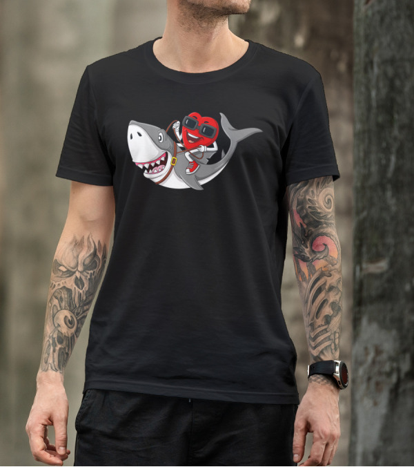 Heart Riding Shark Valentine's Day Adventure T-Shirt