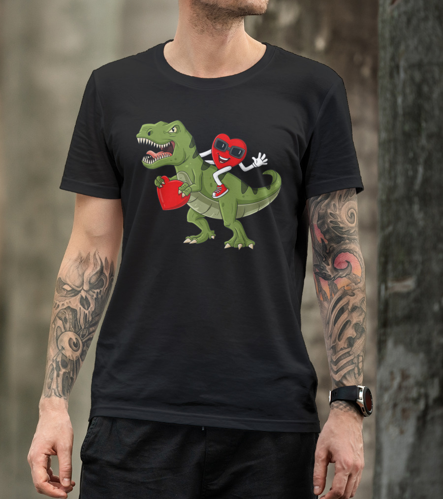 Heart Riding T-Rex Holding Valentines Day Hearts T-Shirt