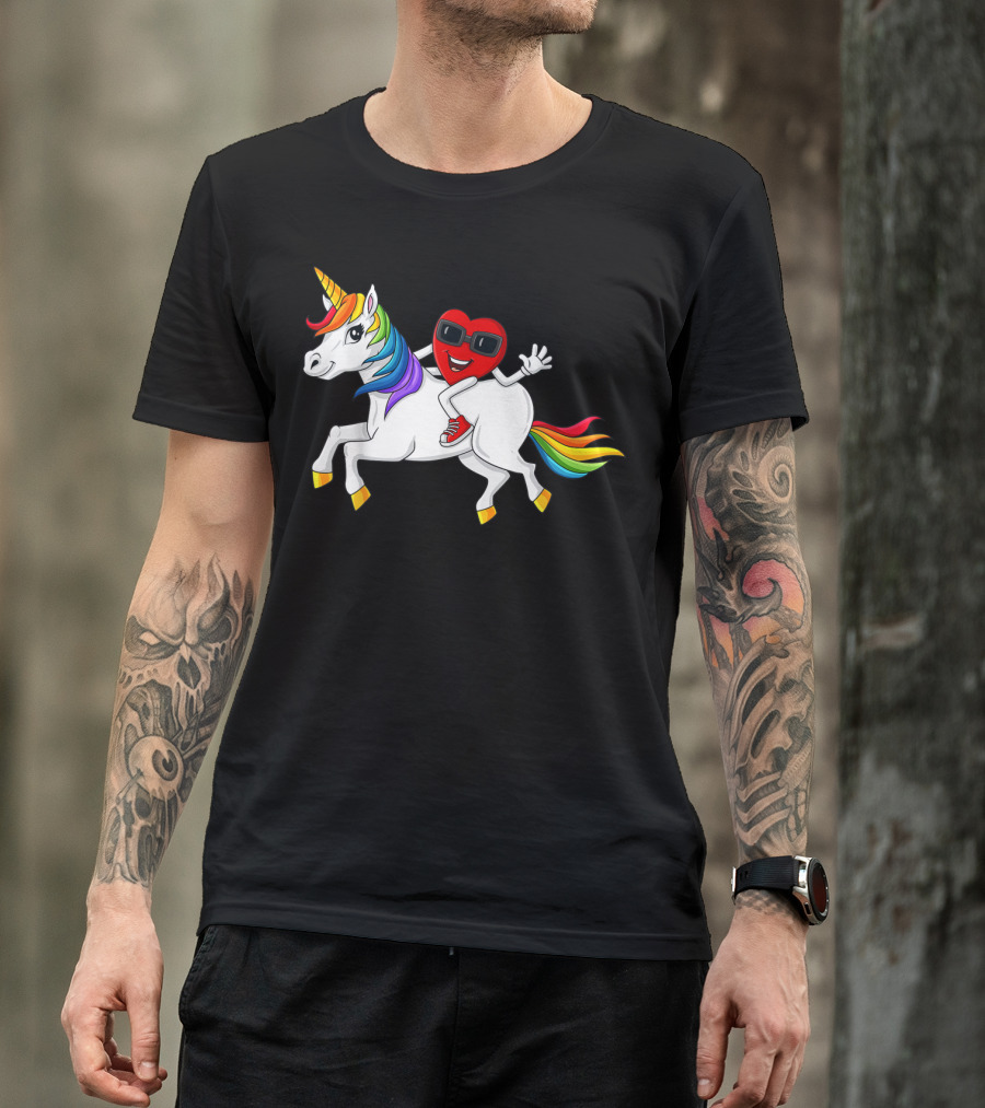 Heart Riding Rainbow Unicorn With Sunglasses And Sneakers T-Shirt