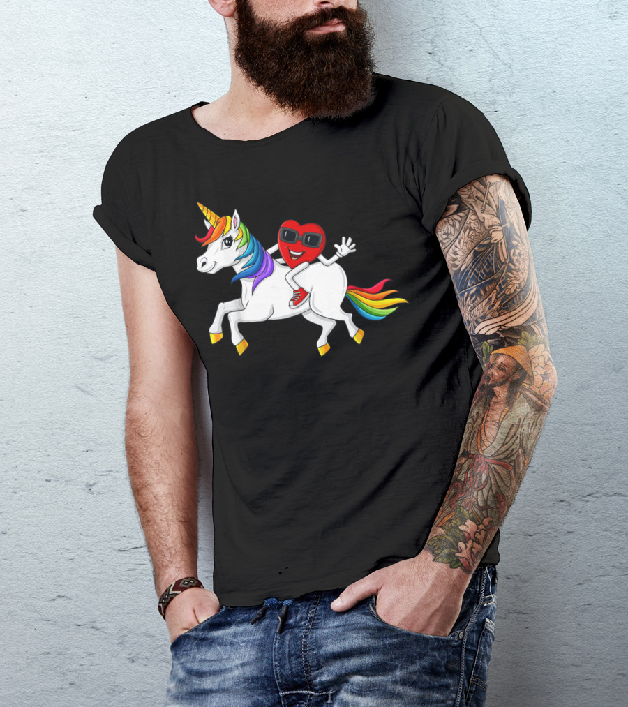 Heart Riding Rainbow Unicorn With Sunglasses And Sneakers T-Shirt