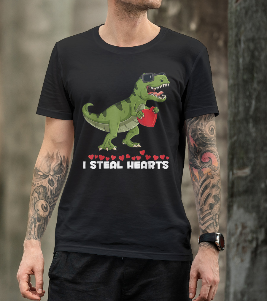 I Steal Hearts Dinosaur With Sunglasses Holding Red Heart Valentines Day T-Shirt