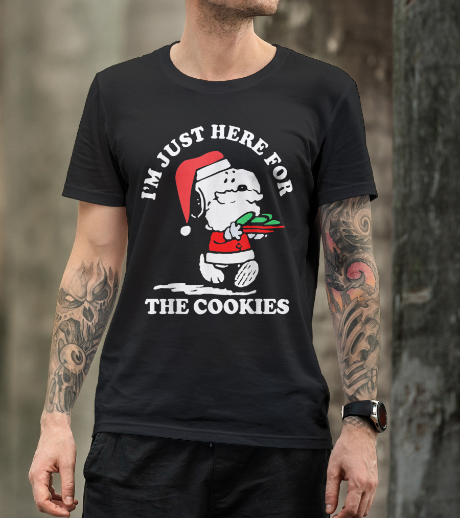 I'm Just Here For The Cookies Santa Hat Dog Carrying Christmas Cookies T-Shirt