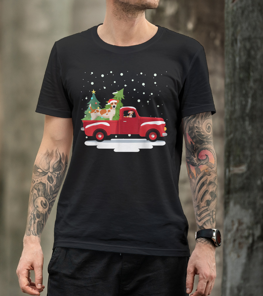 Jack Russell Terrier Santa Christmas Truck Holiday Scene Snowflakes And Trees T-Shirt