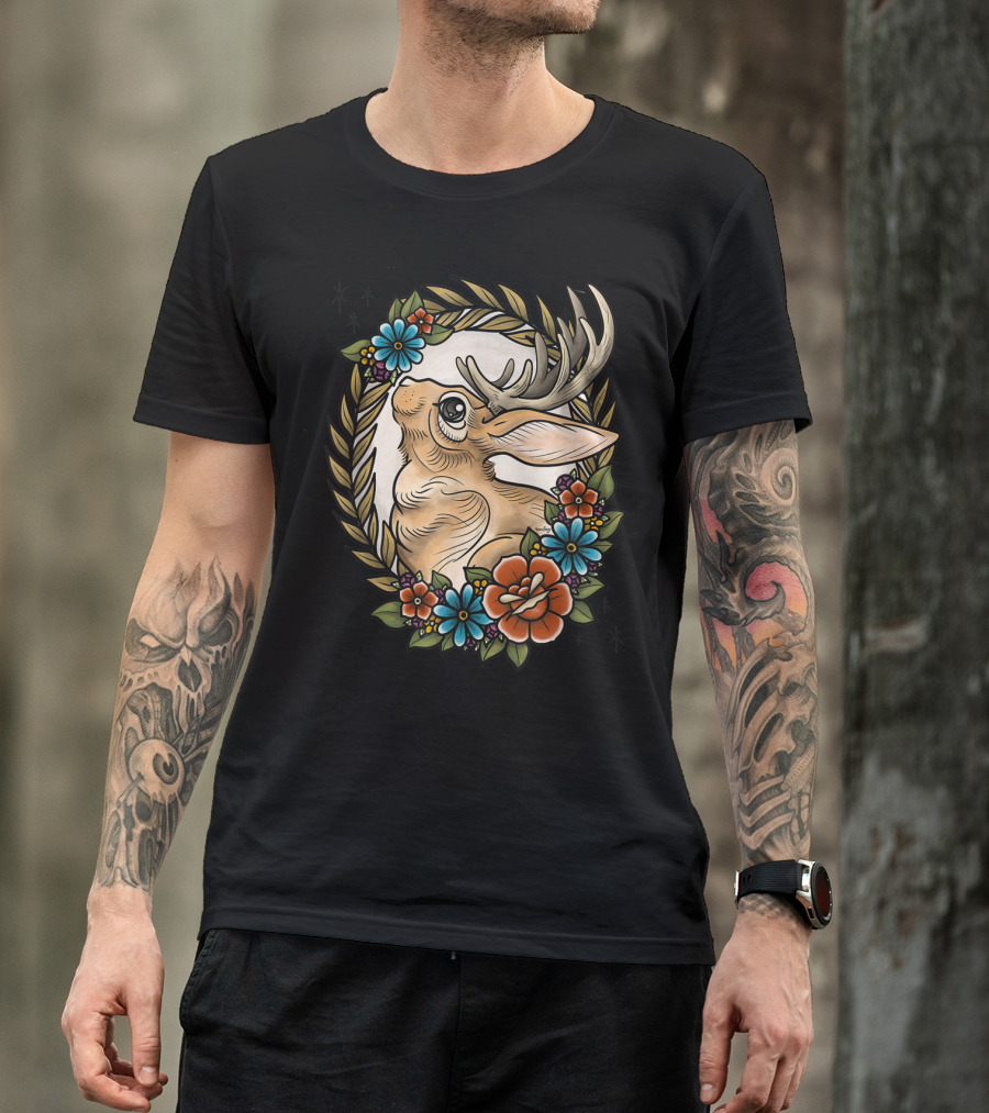 Jackalope Surrounded By Colorful Flowers And Leaves T-Shirt