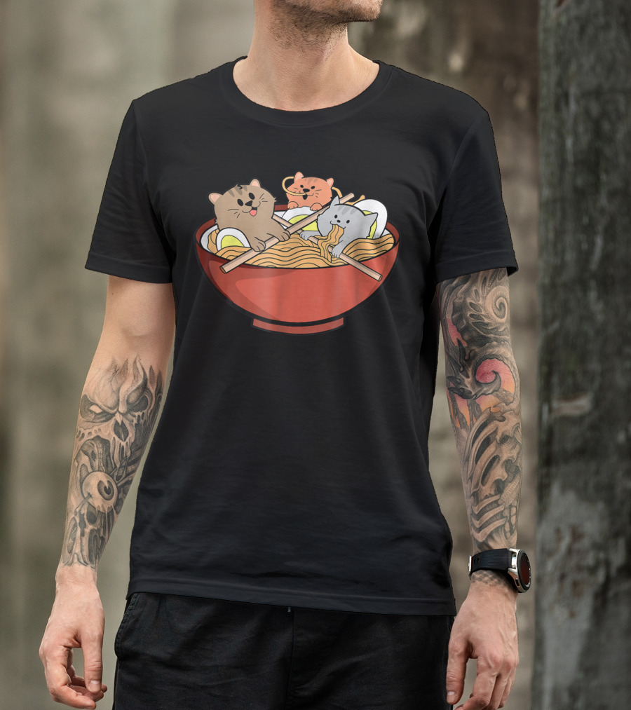 Kawaii Cats Eating Noodles Ramen Anime Bowl T-Shirt