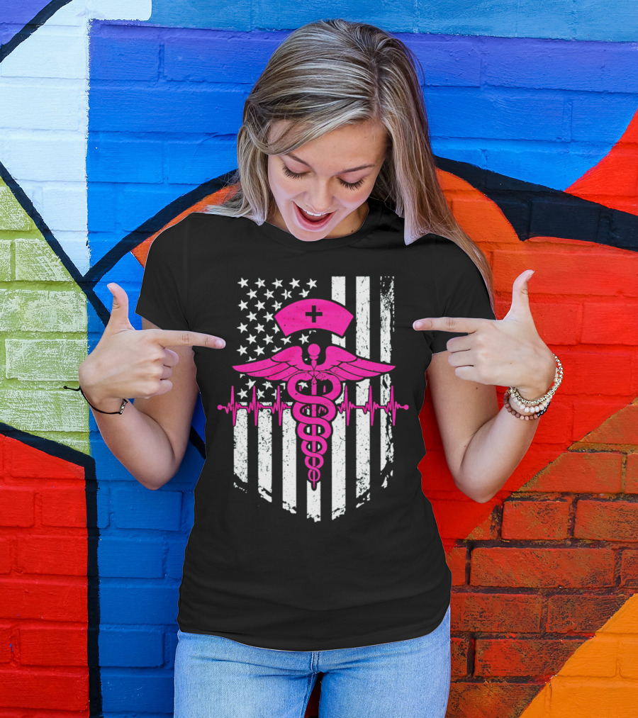 Nurse Pink Caduceus With USA Flag And Heartbeat T-Shirt