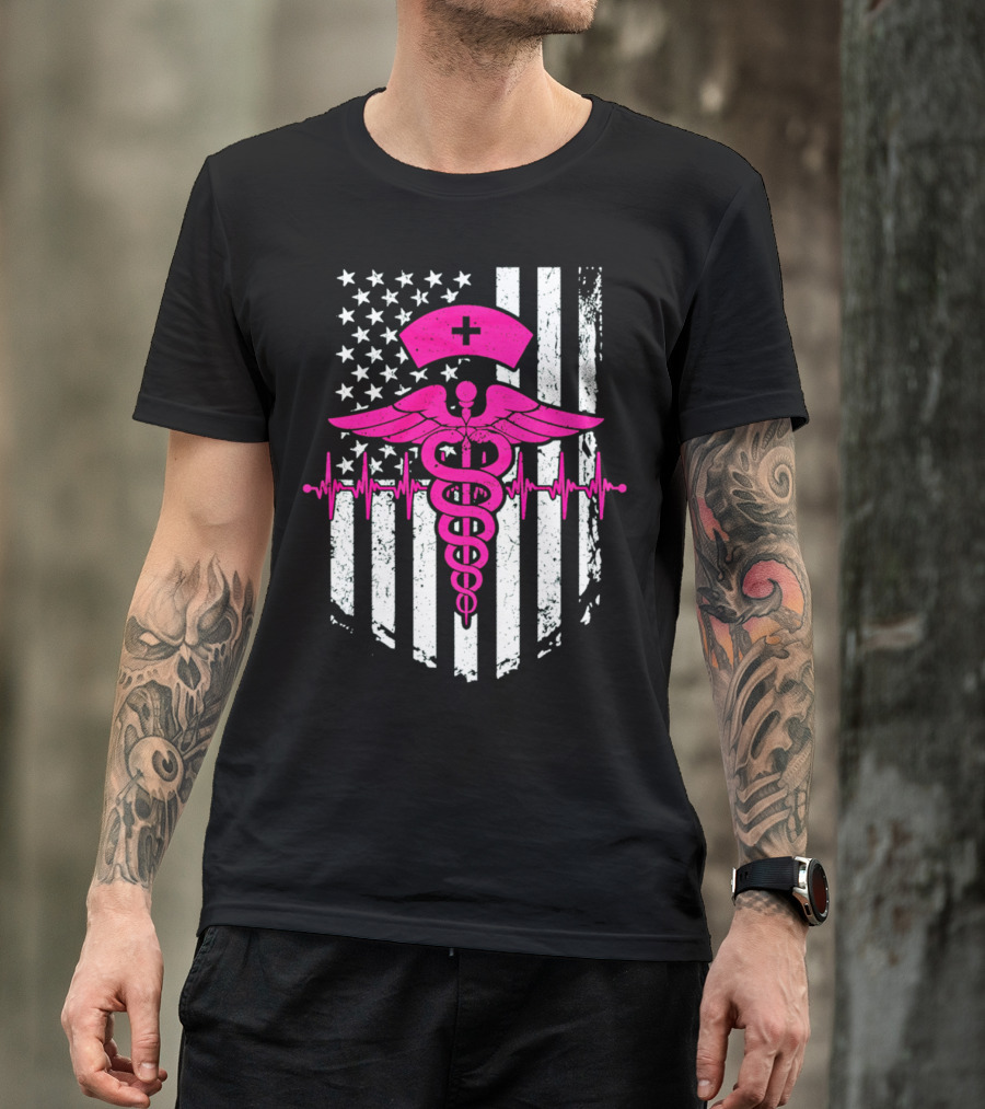 Nurse Pink Caduceus With USA Flag And Heartbeat T-Shirt