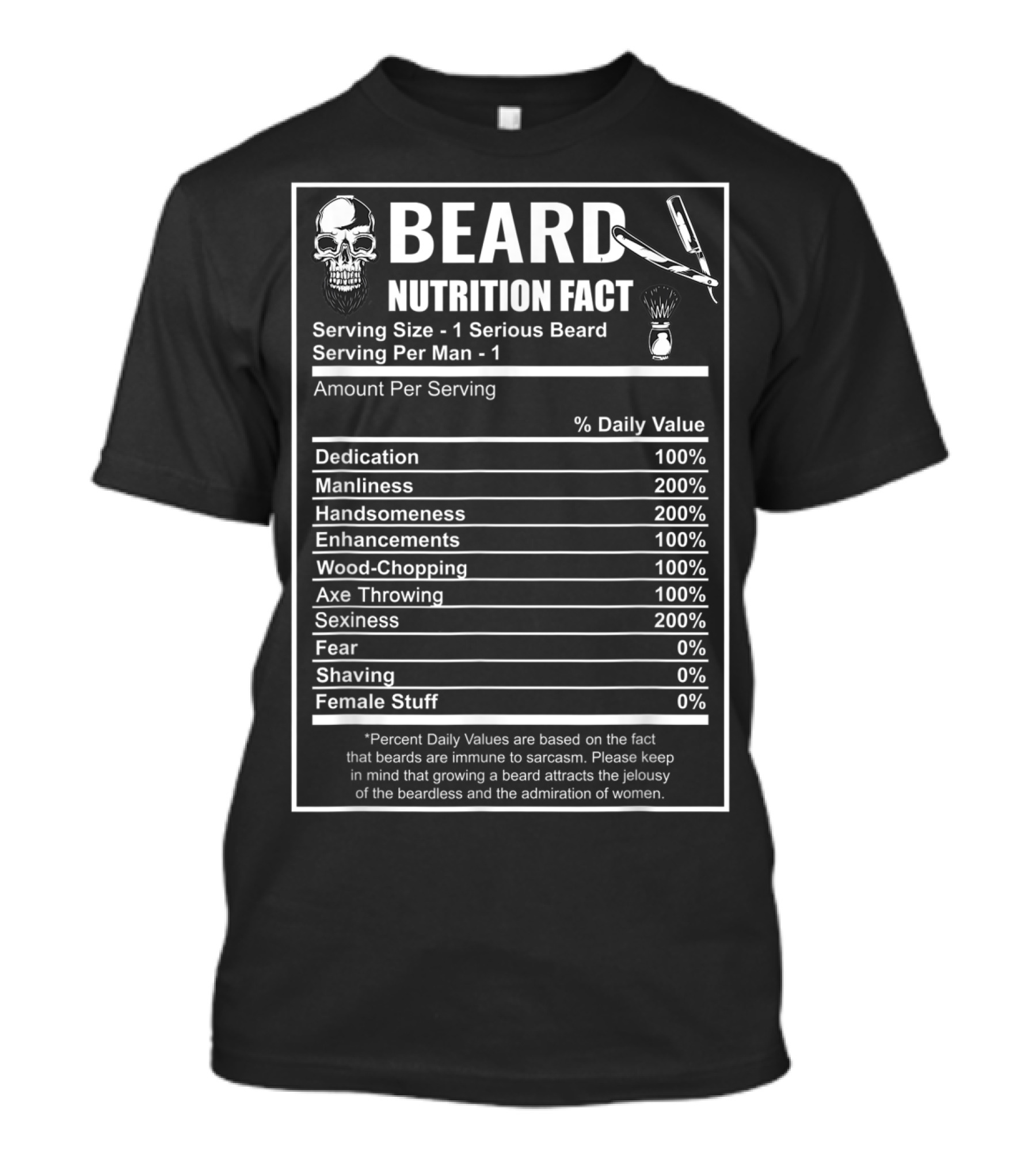 Beard Nutrition Facts Bearded Skull Serving Size Humor Men's Daily Values T-Shirt