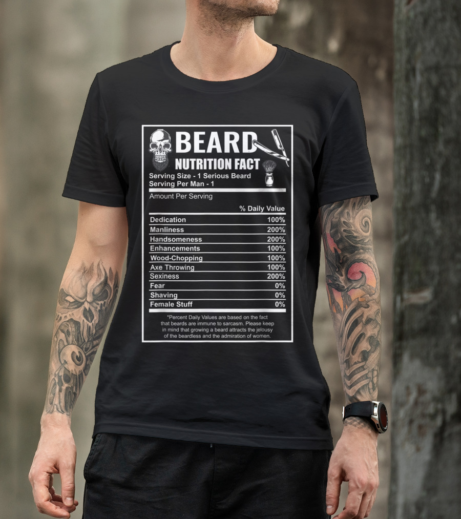 Beard Nutrition Facts Bearded Skull Serving Size Humor Men's Daily Values T-Shirt
