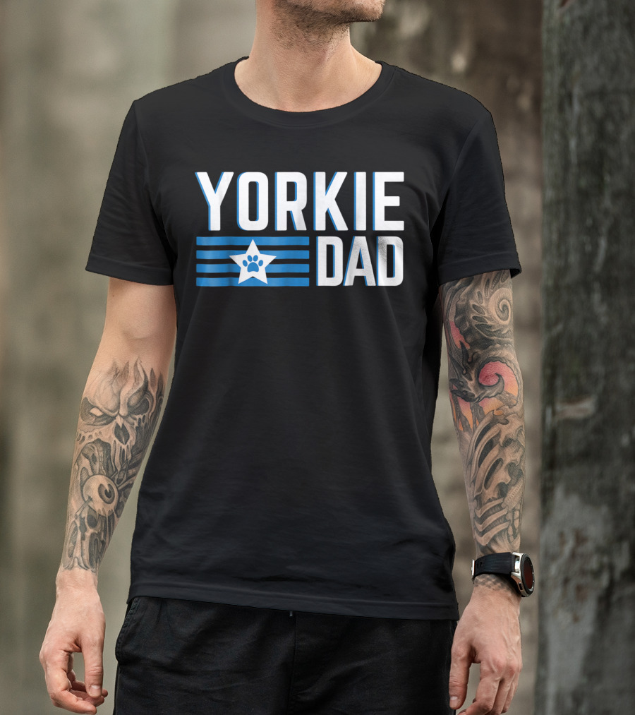 Yorkie Dad Yorkshire Terrier Dad Blue Paw Print Star T-Shirt
