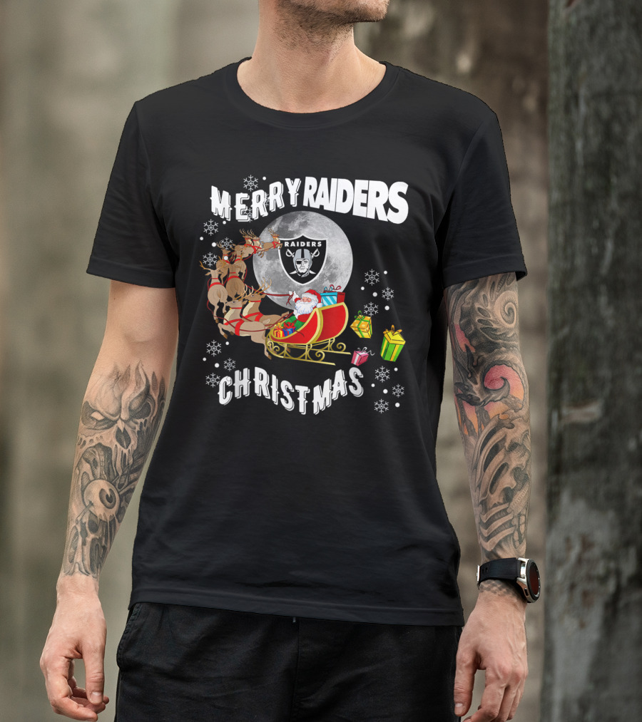 Merry Raiders Christmas Santa Sleigh Snowflakes Reindeer Presents T-Shirt
