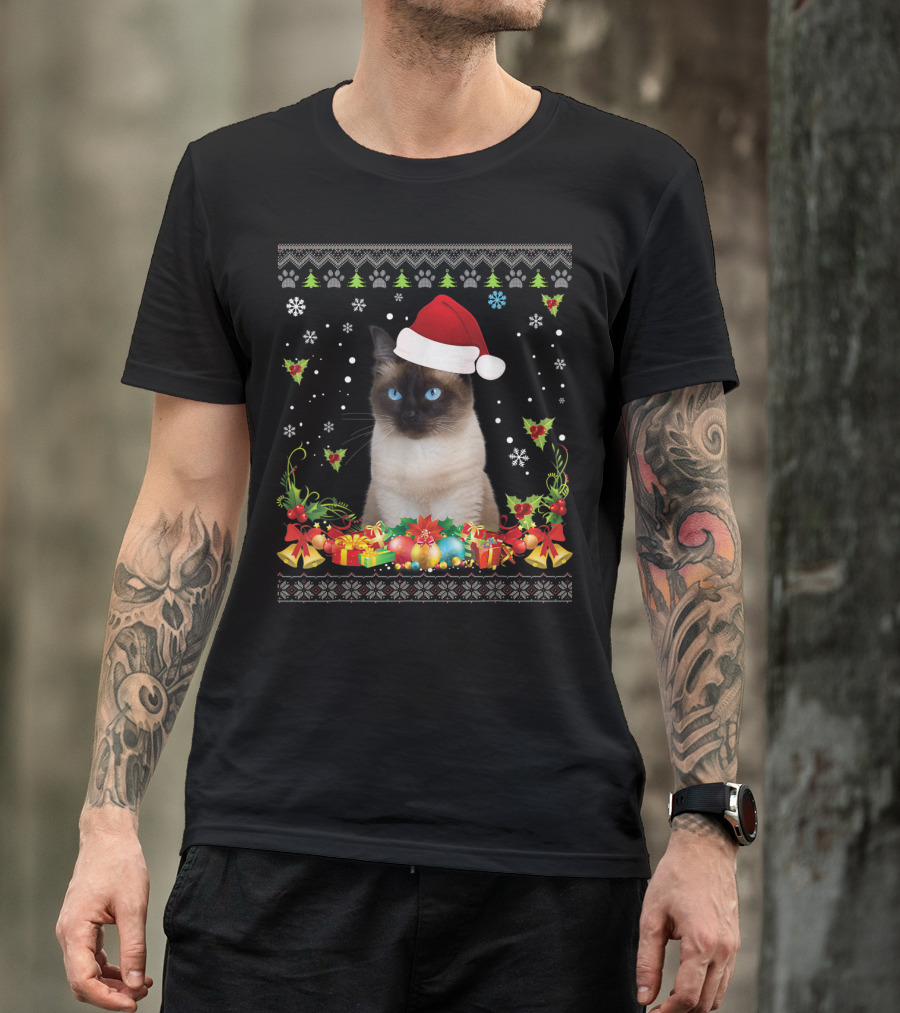 Merry Christmas Siamese Cat UglySweater Santa Hat Snowflake Ornaments T-Shirt