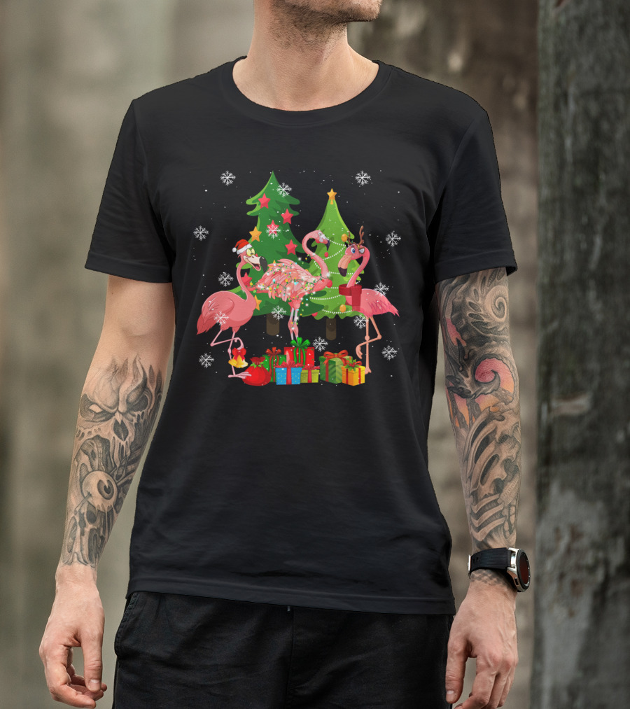 Merry Flocking Christmas Cute Flamingo Snowflake Presents T-Shirt
