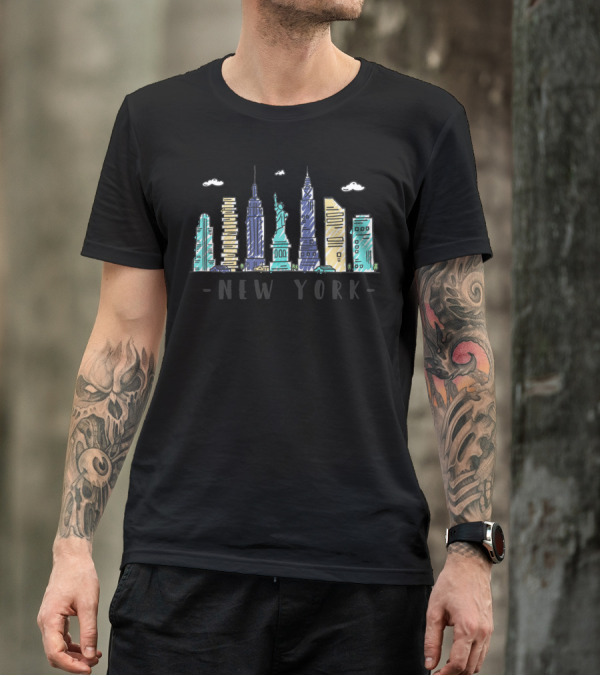 New York Skyline NYC Watercolor Landmarks Statue Of Liberty T-Shirt