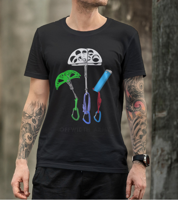 Offwidth Army Rock Climbing Gear Camming Devices And Nuts T-Shirt