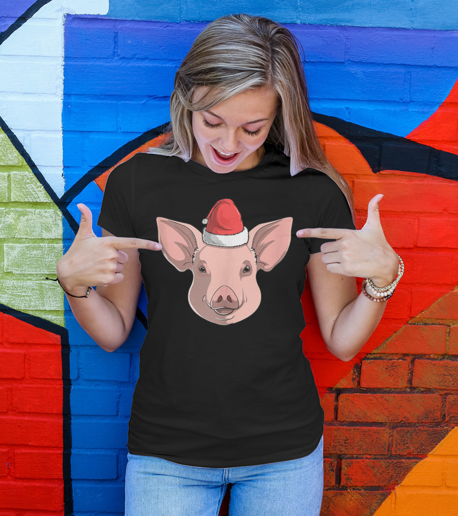 Pig Wearing Santa Claus Hat Christmas Holiday T-Shirt