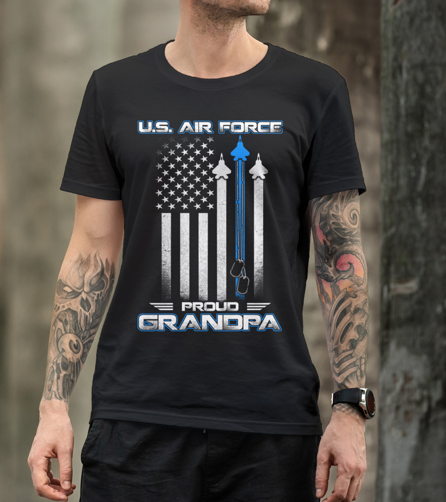 U.S. Air Force Proud Grandpa Flag And Fighter Jets With Dog Tags T-Shirt