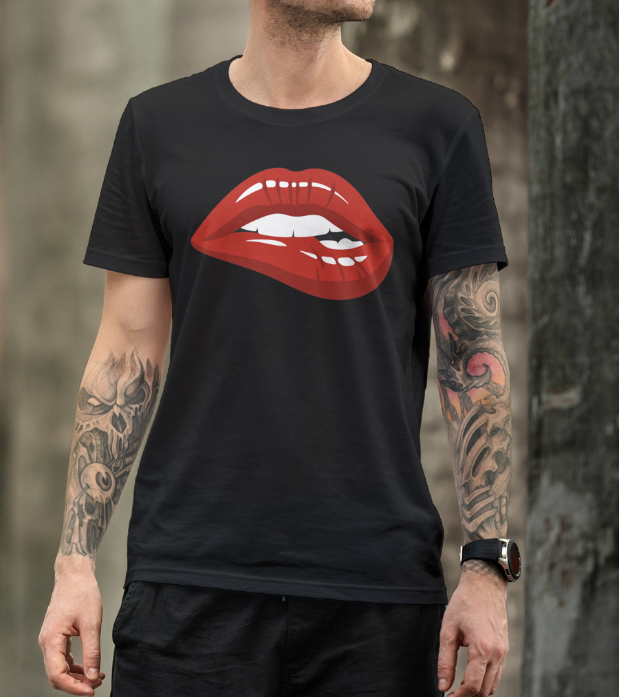 Red Lips Biting Lipstick Makeup Iconic Red Pout T-Shirt