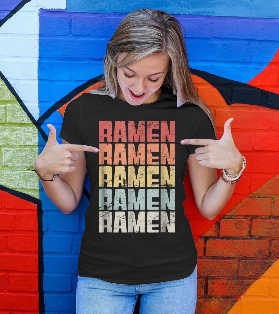 Retro Distressed Multicolor Ramen Repeated Text T-Shirt
