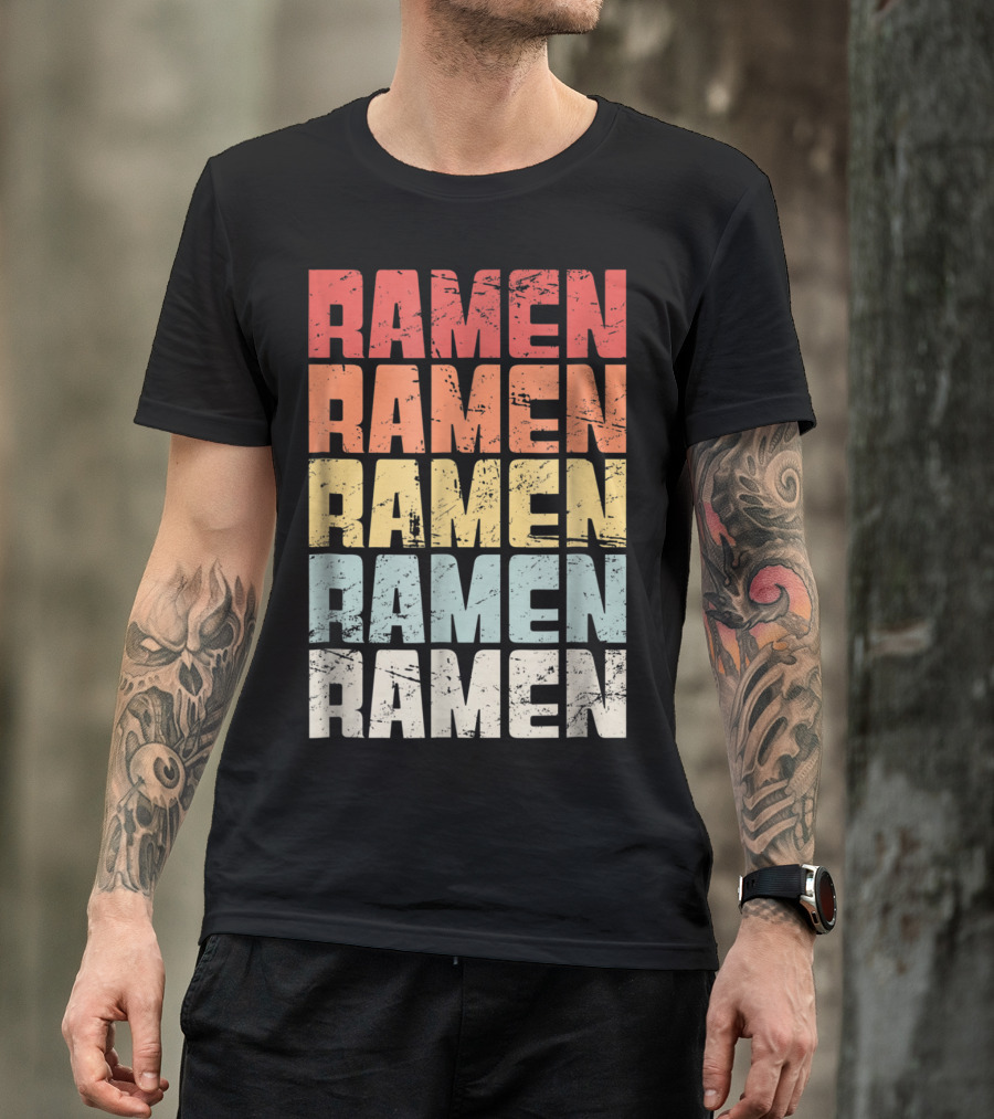 Retro Distressed Multicolor Ramen Repeated Text T-Shirt