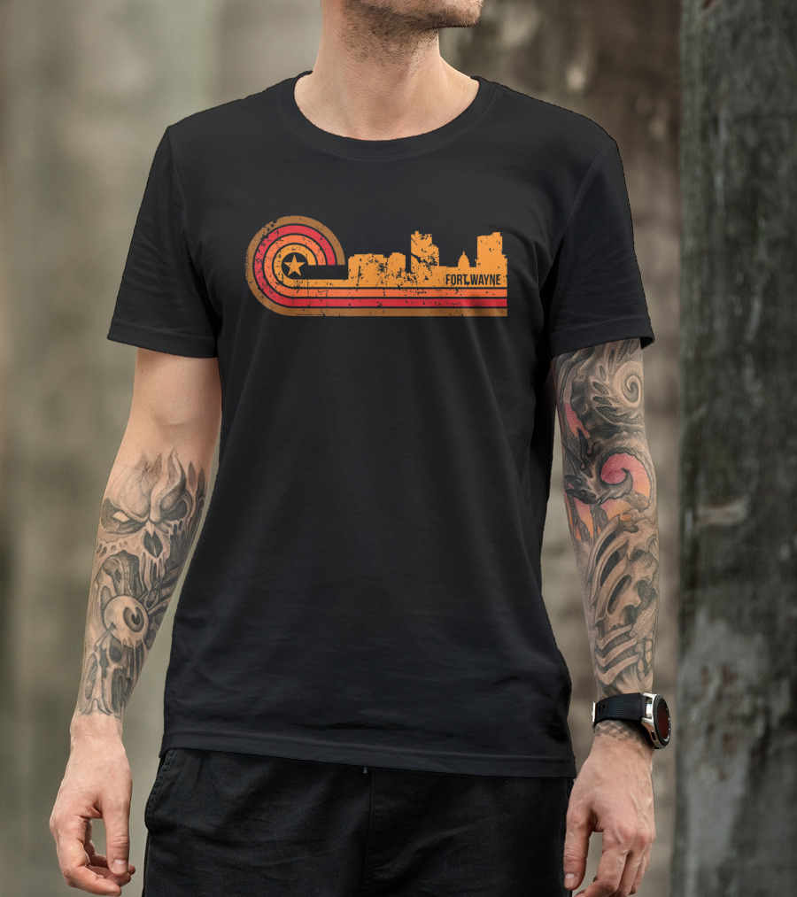Retro Fort Wayne Indiana Skyline With Star And Stripes T-Shirt