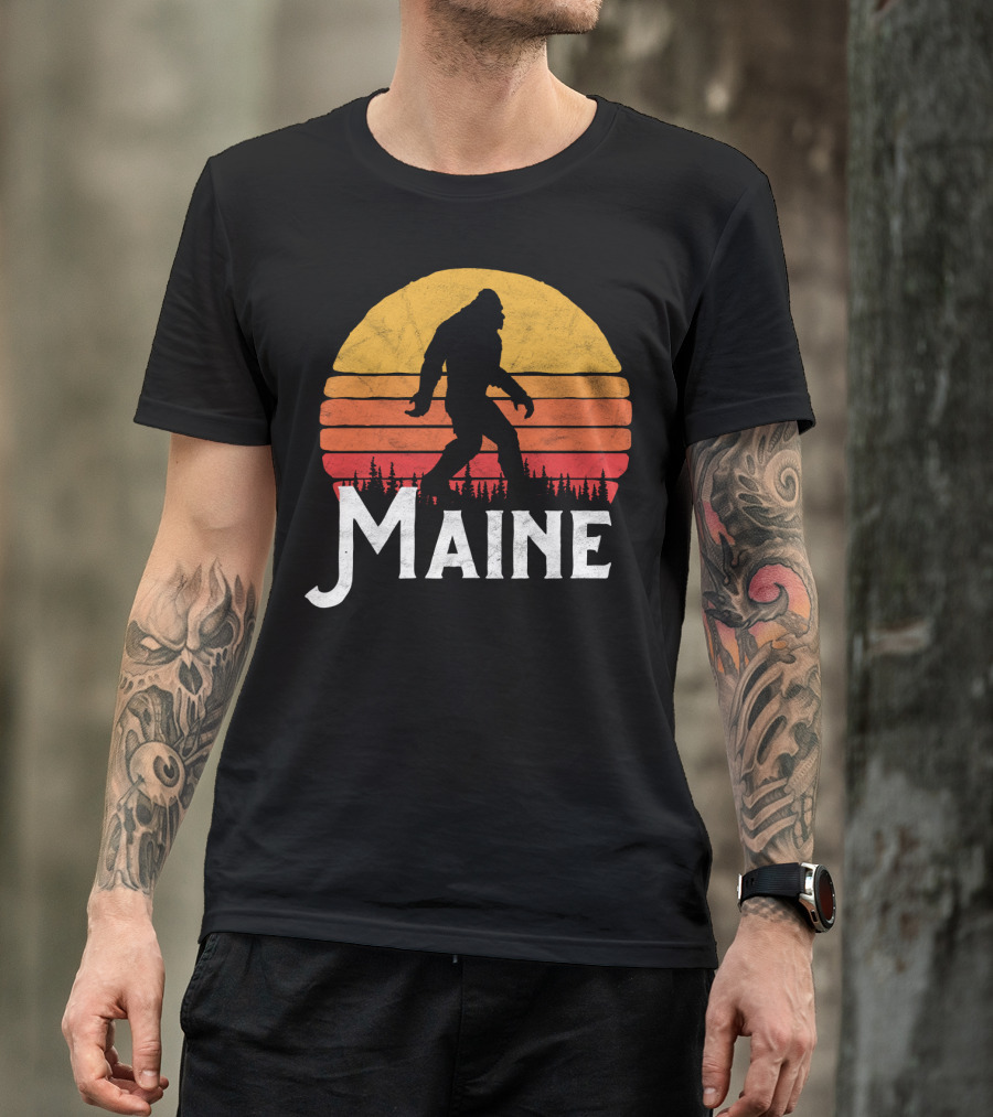 Maine Bigfoot Silhouette Retro Sun Believe T-Shirt