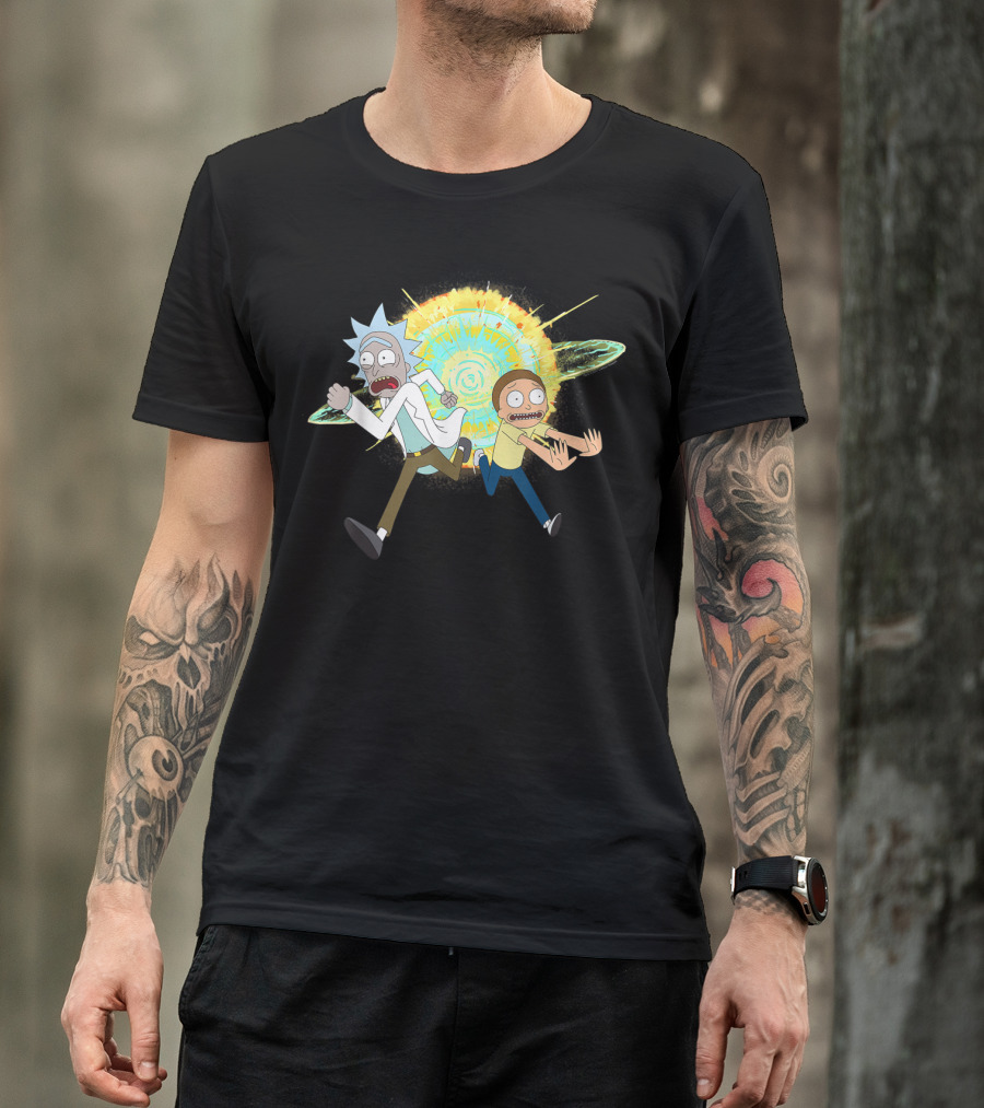 Rick And Morty Running From A Portal Explosion T-Shirt