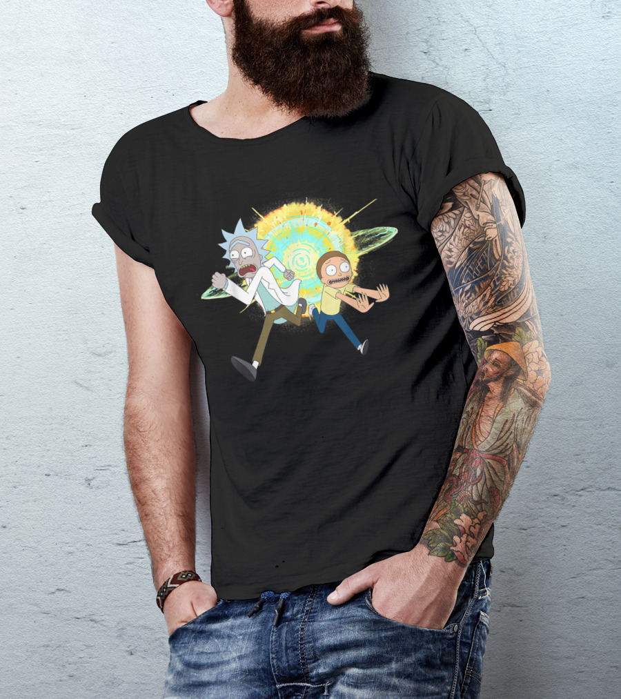 Rick And Morty Running From A Portal Explosion T-Shirt