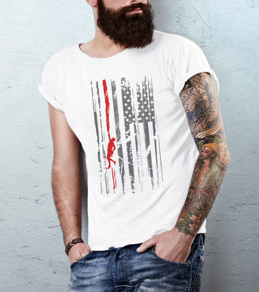 Rock Climbing Silhouette On American Flag Stripes And Stars T-Shirt